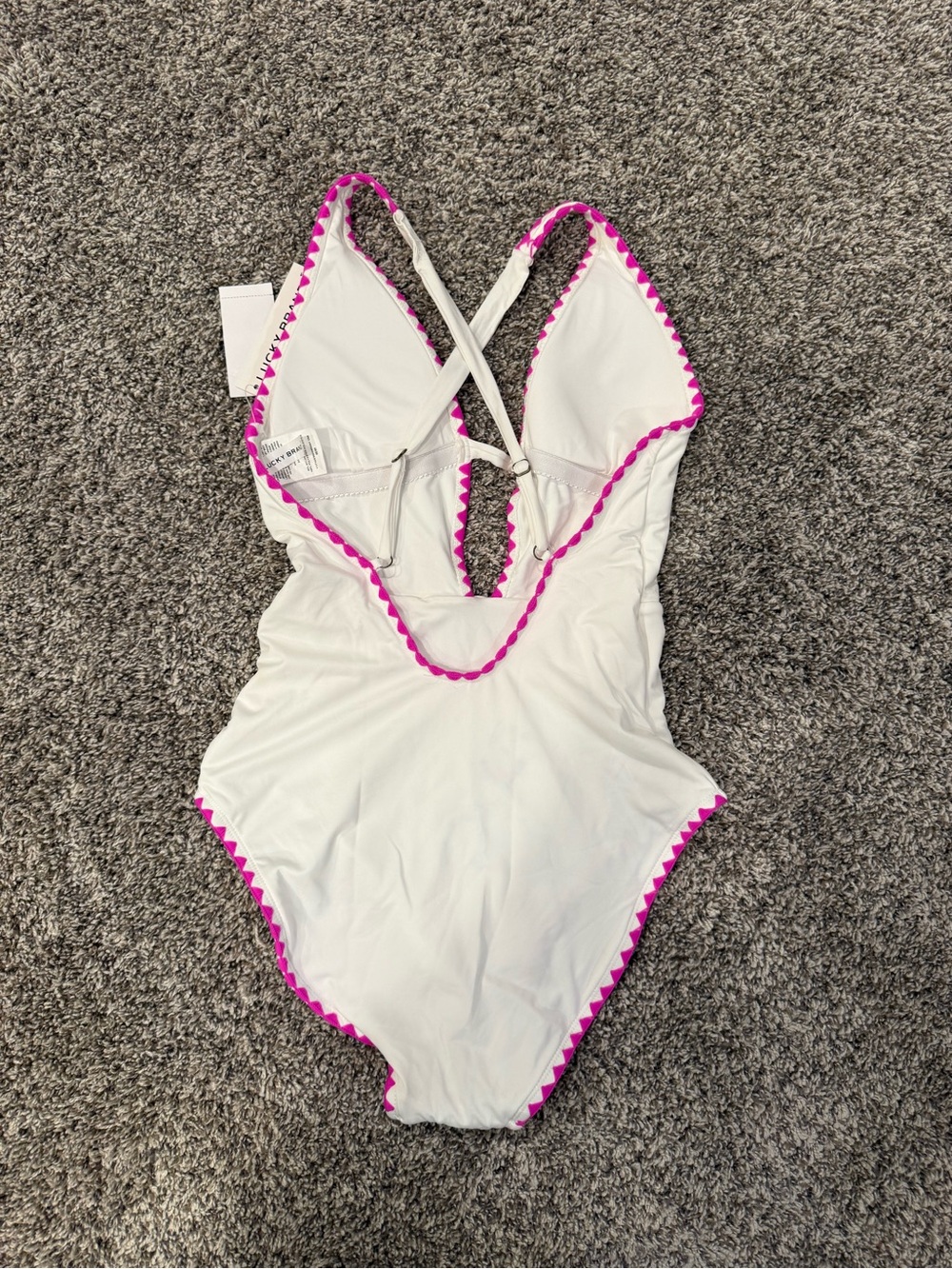 Lucky Brand One Piece Swimsuit Medium White Pink Trim Deep V Plunge NWT - Picture 4 of 7